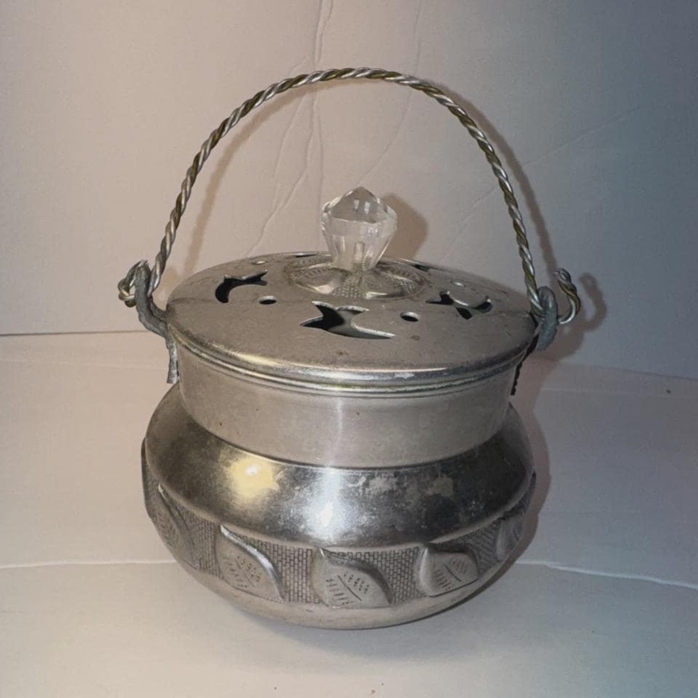 Silver Metal Hanging Potpourri Burner Bowl Jar w/ Pierced Lid Knob Handle